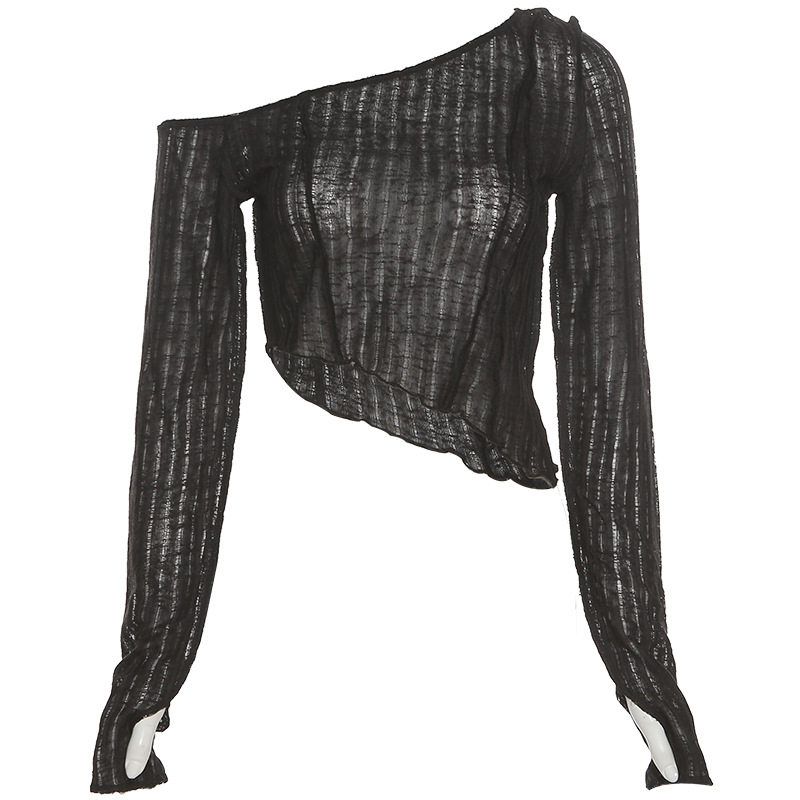 European and American Style 2024 Autumn New Women's Fashion Solid Color Slim Fit Cropped Fashionable Irregular One-Shoulder Long-Sleeve T-Shirt