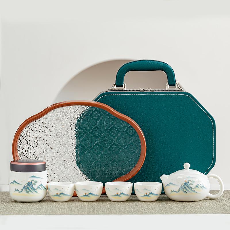 High-end creative leather bag set, suet jade gift, simple guest making teapot, Dehua ceramic express cup as a gift