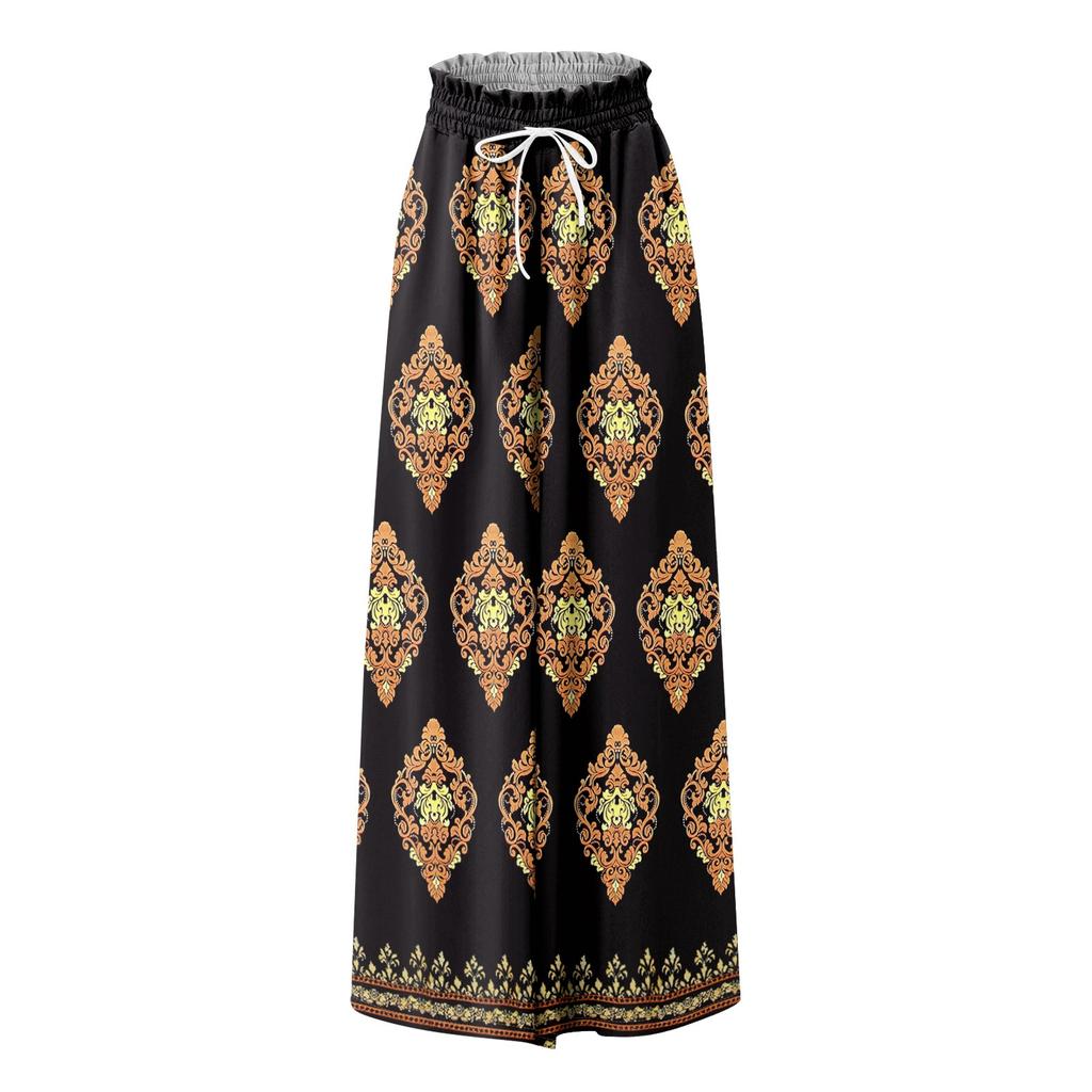 Женские летние широкие брюки с высокой талией и струящимися карманами, модные повседневные повседневные пляжные брюки в богемном стиле с принтом