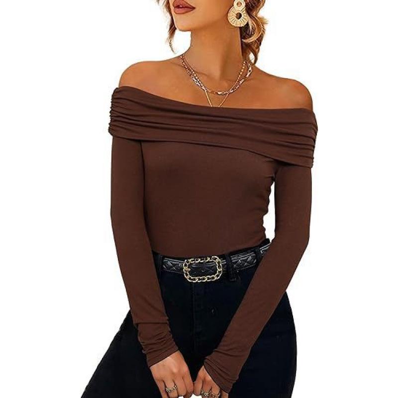 2026 Women's Sexy Off Shoulder Slim Fit Long Sleeve Top - One Shoulder Fitted Tee