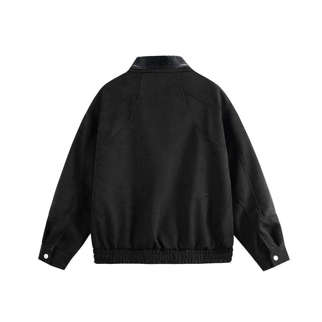 QIYOU 2025 Autumn Patchwork Unisex Suede Workwear Jacket with Double-Layer Collar