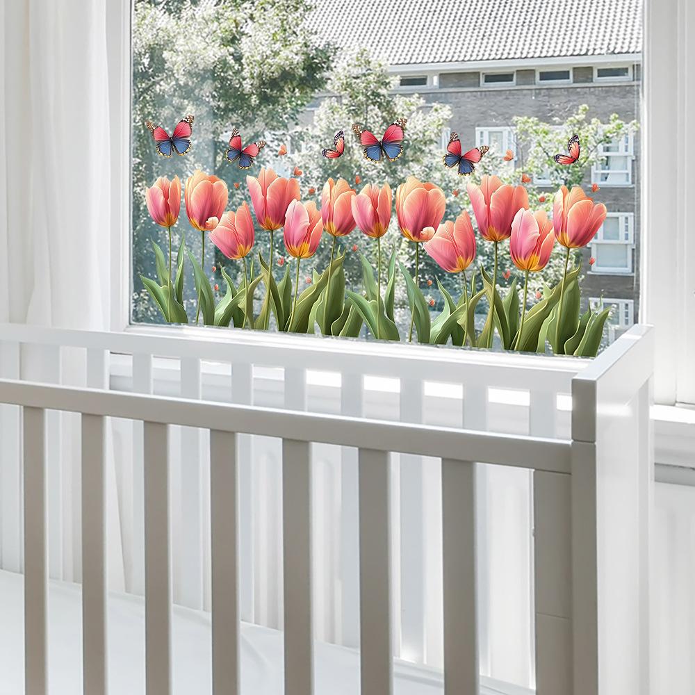 Раскрашенные розовые тюльпаны Балконные стеклянные окна Украшение и декор дома Статические наклейки на окна