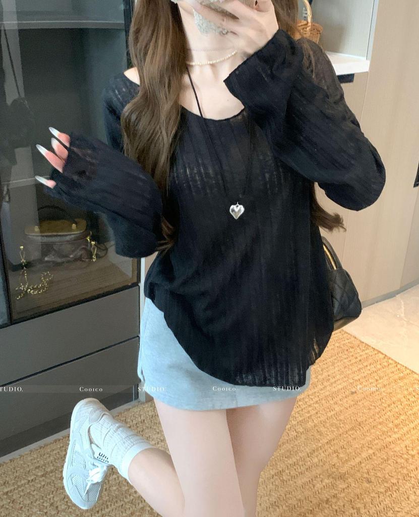 Элегантный кардиган с V-образным вырезом, микро-прозрачный, для защиты от солнца - женская летняя базовая рубашка с длинным рукавом свободного кроя