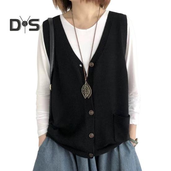 Женский вязаный жилет с V-образным вырезом без рукавов, однобортный теплый жилет, однотонный свободный крой, трикотажные майки с карманами