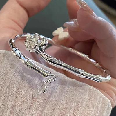 Регулируемый браслет Lucky Blessing Bamboo Lotus Silver Color Hollow Letter