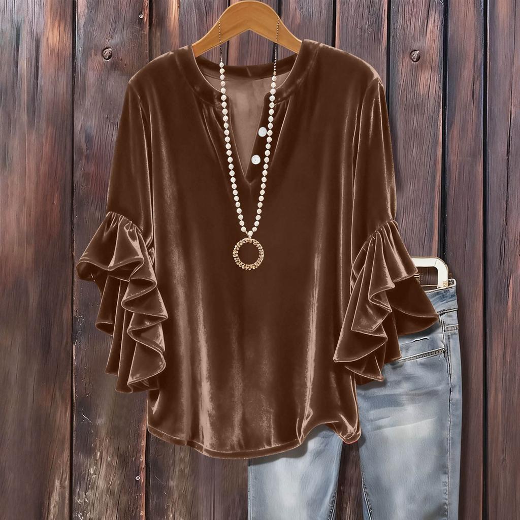 Женский модный однотонный пуловер с V-образным вырезом, рукавом три четверти, на пуговицах, универсальный, свободный, с расклешенным рукавом из золотого бархата