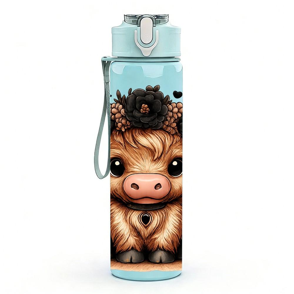 1PC Fluffy Highland Cow Art 750ml Color Plastic Sports Water Bottle Leakproof Flip Straw Lid Suitable for Sports Office Home Use