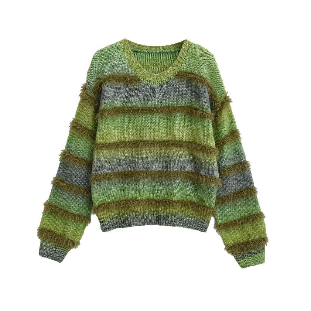 Autumn 2025 Women's Gradient Color Loose Round Neck Long Sleeve Sweater Set - European & American Style Fashion.