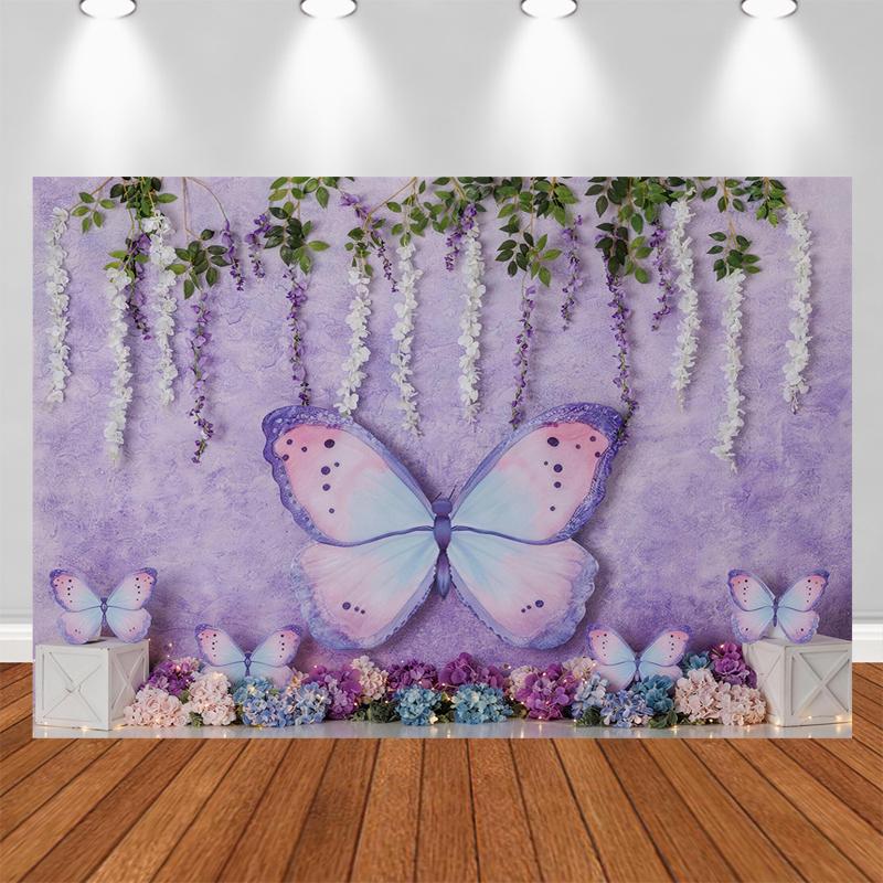 LS Colorful Purple Butterflies Garden Backdrop Kids Baby 1st Birthday Cake Smash Photocall Floral Spring Photo Props Background