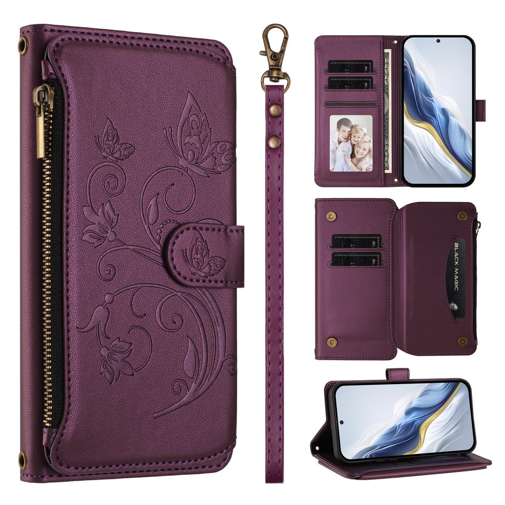 For Samsung Galaxy A37 5G Leather Case Butterfly Floral Imprint Zipper Wallet Stand Cover with Wrist Strap
