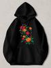 Black Pullover Hoodie with Vibrant Red And Orange Rose Floral Print Long Sleeve Sweatshirt with Kangaroo Pocket Casual Streetwear