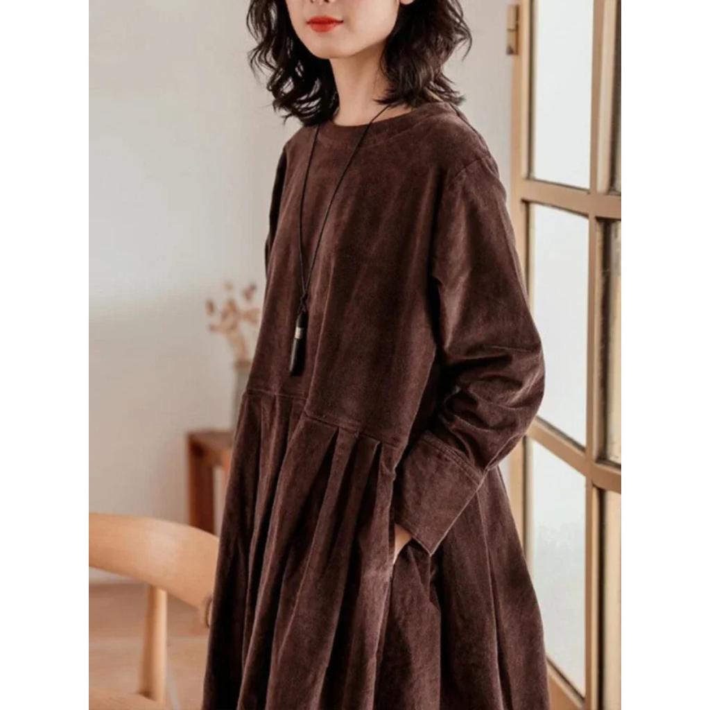 LYRIA Dress for Women Autumn Winter Japanese Korean Fashion Loose Casual Corduroy Clothing Vintage Elegant Long Sleeve A-line Dress