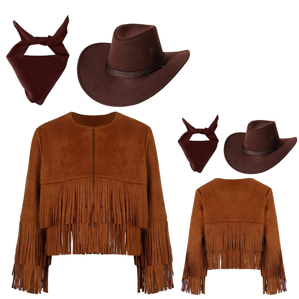 3Pcs Cowboy Costume for Kids Unisex, Fringe Vest Set with Hat & Bandana, Western Cowgirl Halloween Dress Up Outfit