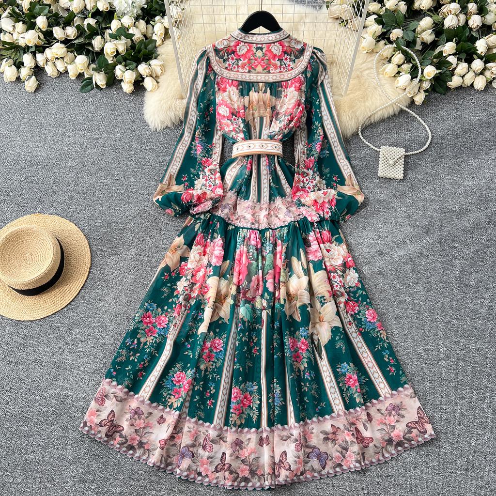 Spring Summer Women V-neck Vintage Print Chiffon Runway Dress Single Breasted Long Maxi Loose Holiday Beach Dresses with Belt