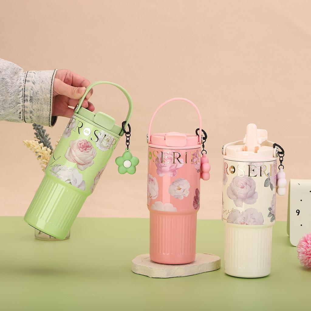 Creative Flower Thermos Cup Stainless Steel Straw Cup Portable Portable Double Drink Car Cup