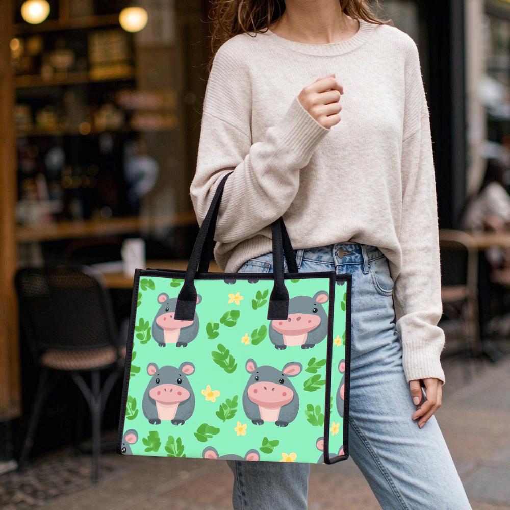 Cute Hippo Pattern Shoulder Bag Casual Large Capacity Daily Tote Bag