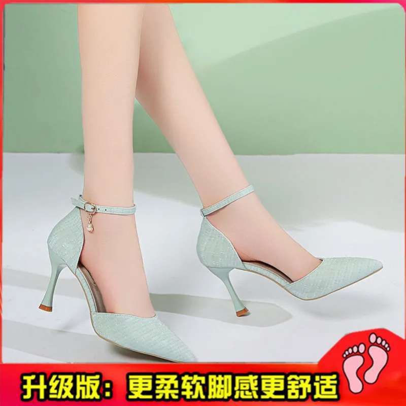Korean Version of Temperament High Heels Women's Summer New Sexy Thin Heel Pointed Single Shoes One-word Buckle with Versatile Hollow Sandals