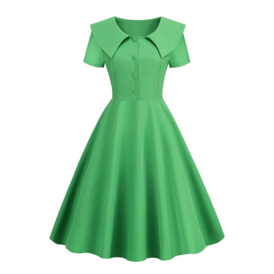 Retro Women Dress Turn-down Collar Shortn Sleeves A-line Big Swing Buttons Slim Fit Solid Color 50s Ball Prom Midi Dress