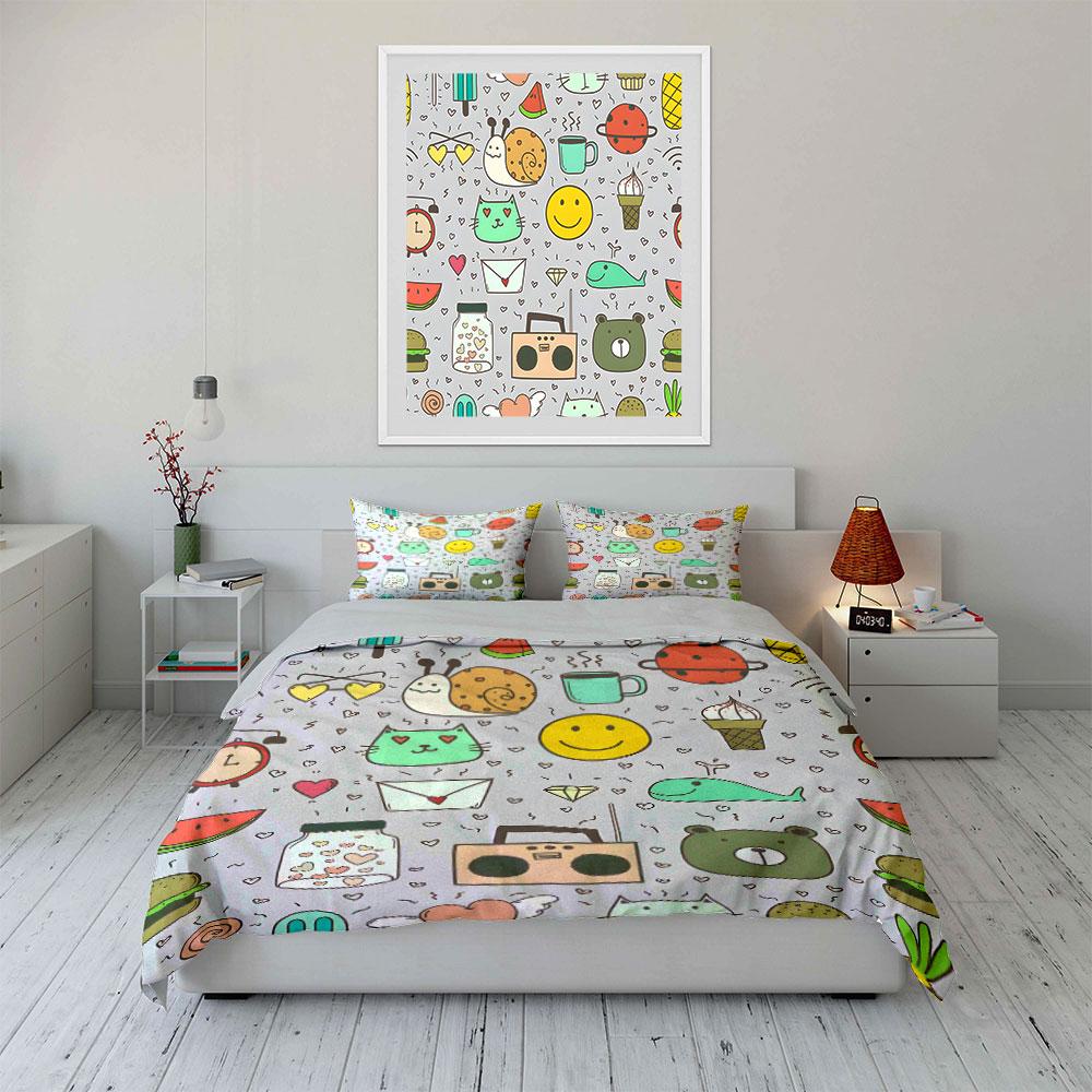 Cute Doodle Icons Pattern Bedding Duvet Cover Set (1*Duvet Cover 2*Pillowcases, without duvet insert)