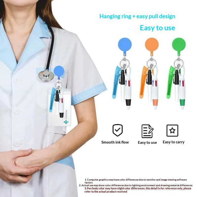 Retractable Badge Reel Pen Set with Highlighter 3-in-1 Ballpoint Pen Portable Multifunctional Stationery for Nurses Office Workers