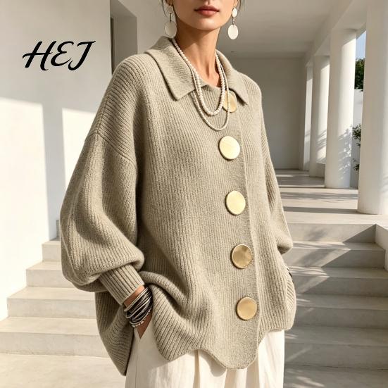 Relaxed Fit Women Top Oversized Knit Cardigan Sweater, Collared with Large Metal Soft Skin Friendly Sweater Buttons, Loose Lantern Sleeve Casual