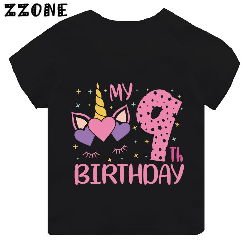 My 1 2 3 4 5 6 7 8 9 th Years Birthday Unicorn Print Cute Girls Clothes Summer Short Sleeve Kids T shirt Baby Boys TShirts