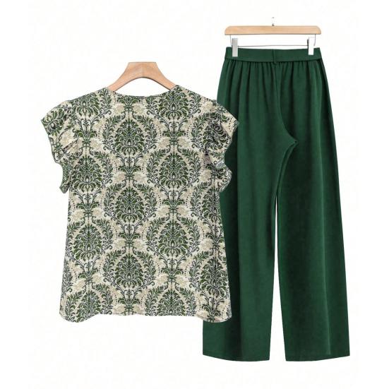 Комплект из 2 предметов: женский топ и брюки, круглый вырез, ретро-принт, короткие рукава, блузка, широкие брюки с эластичной резинкой на талии, повседневный свободный наряд для бабушки