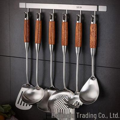Набор кухонной утвари из нержавеющей стали 304 и грушевого дерева - Лопатка для стир-фрая, Шумовка, Лопатка для жарки, Ложка для риса.