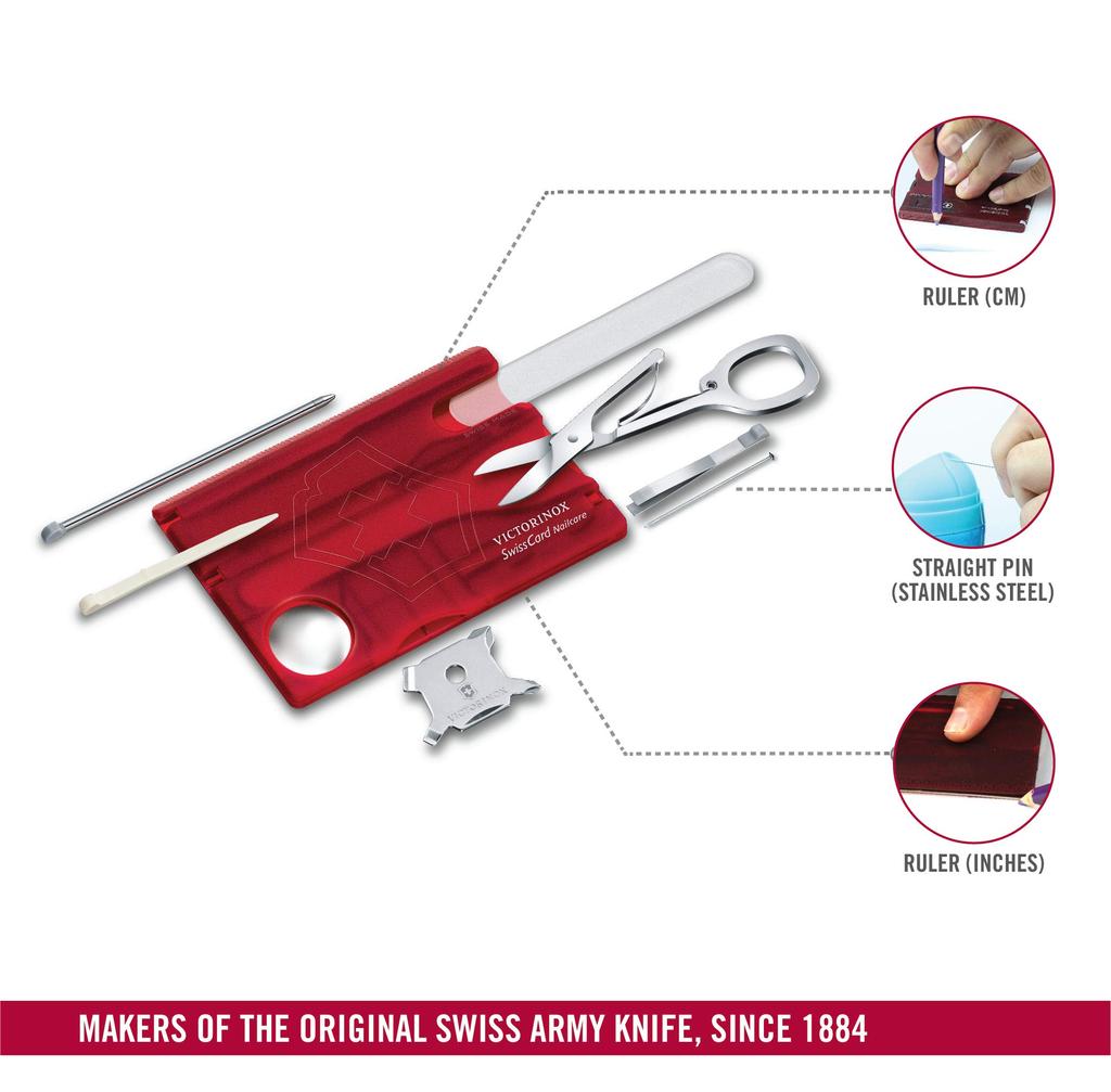 VICTORINOX SwissCard Nail Care Translucent with 13 Functions Nail Glass Nail Aid Tool, Red, (Nail File, Polisher, File, Scissors), Emergency/First