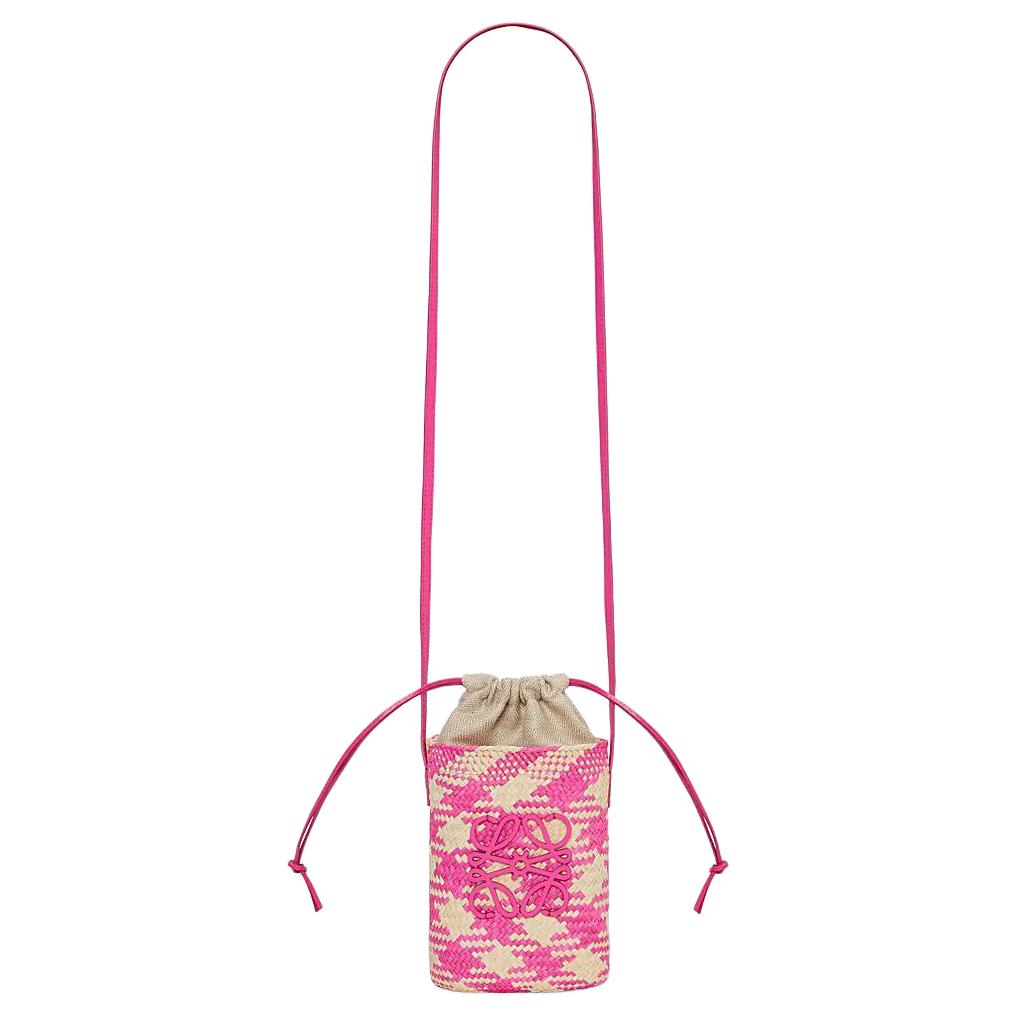 Loewe Houndstooth Pattern Iraca Palm Fiber And Calfskin Leather Shoulder Crossbody Bag Women Bags Natural Purple-Red C630G35X06-2671
