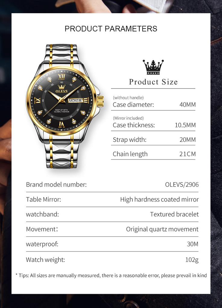 OLEVS 2906 Quartz Wristwatch for Men Dual Calendar Waterproof Stainless Steel Luminous Business Luxury Original Man Watch
