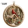 Acrylic Red Bird Pendant Christmas Ornament, Snow Scene Pattern Xmas Tree Pendants Hanging Decor, Retro Round for Winter Holiday Party Festive Decor