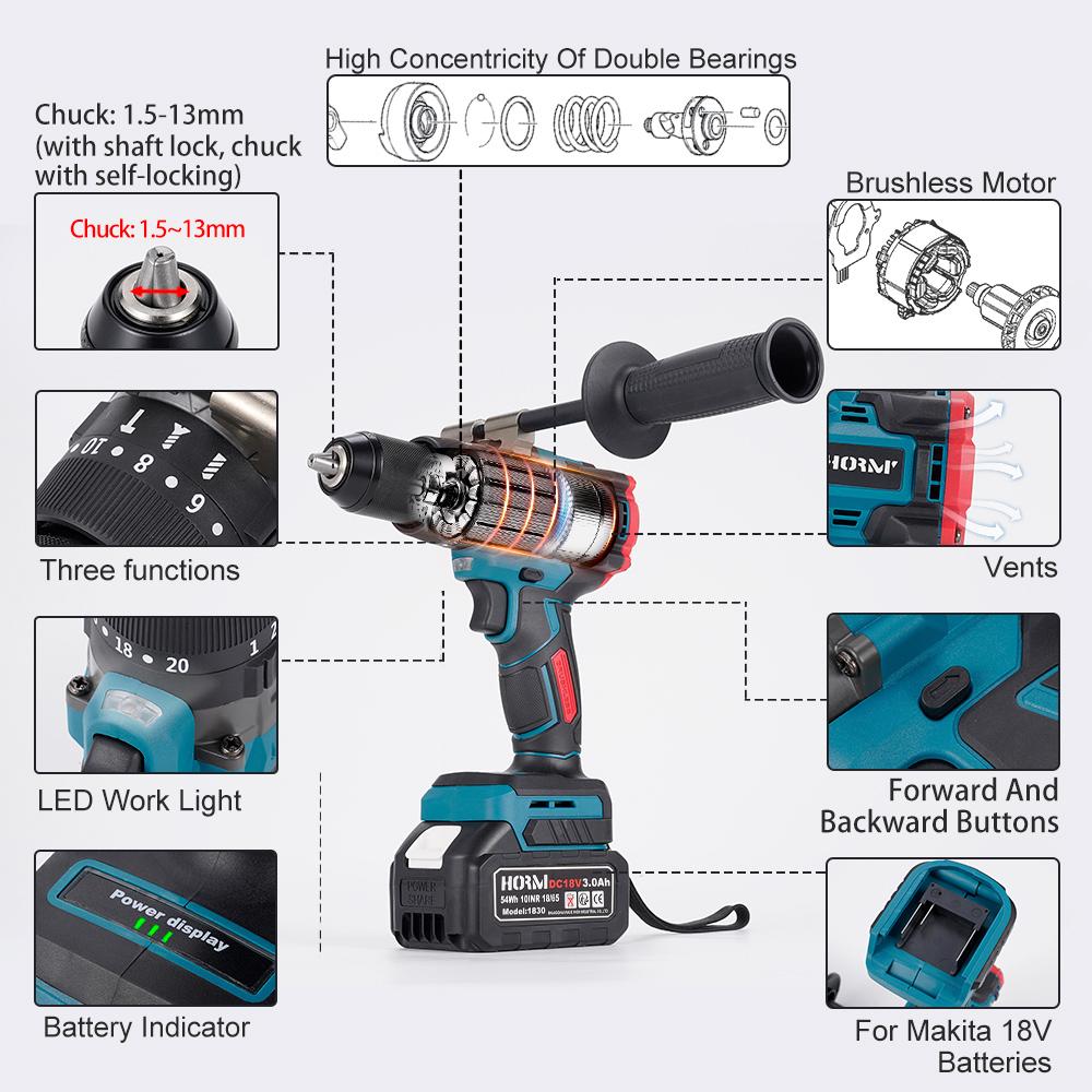 Бесщеточная электрическая ударная дрель Аккумуляторная отвертка 150 Н·м 3 в 1 Мощный 2-скоростной ударный инструмент Для аккумулятора Makita 18 В
