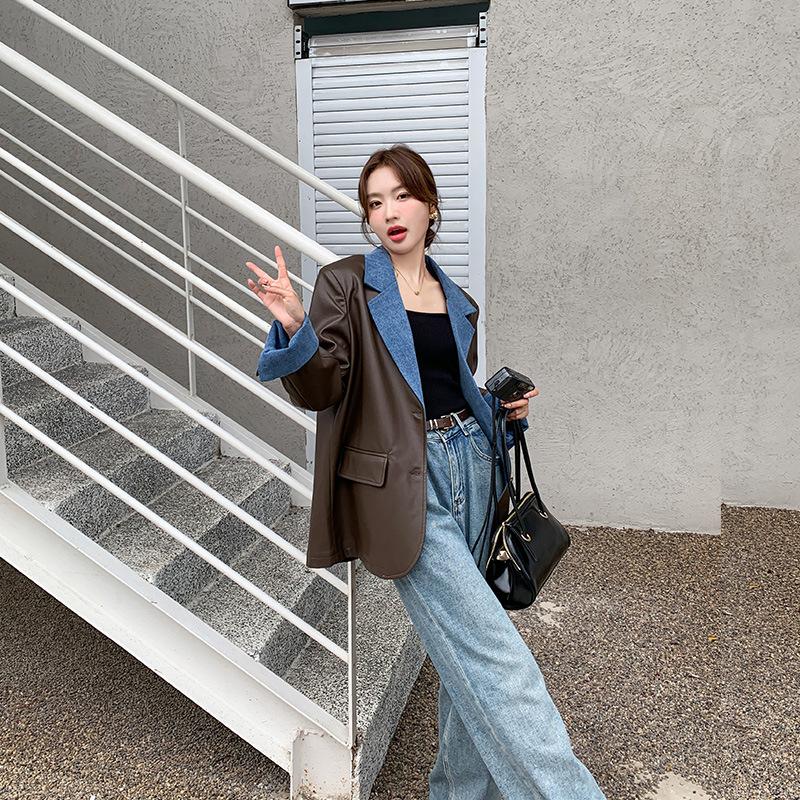 Женский пиджак Женский дизайн Нишевый Осенний Новый Джинсовый и кожаный стиль Маленький костюм