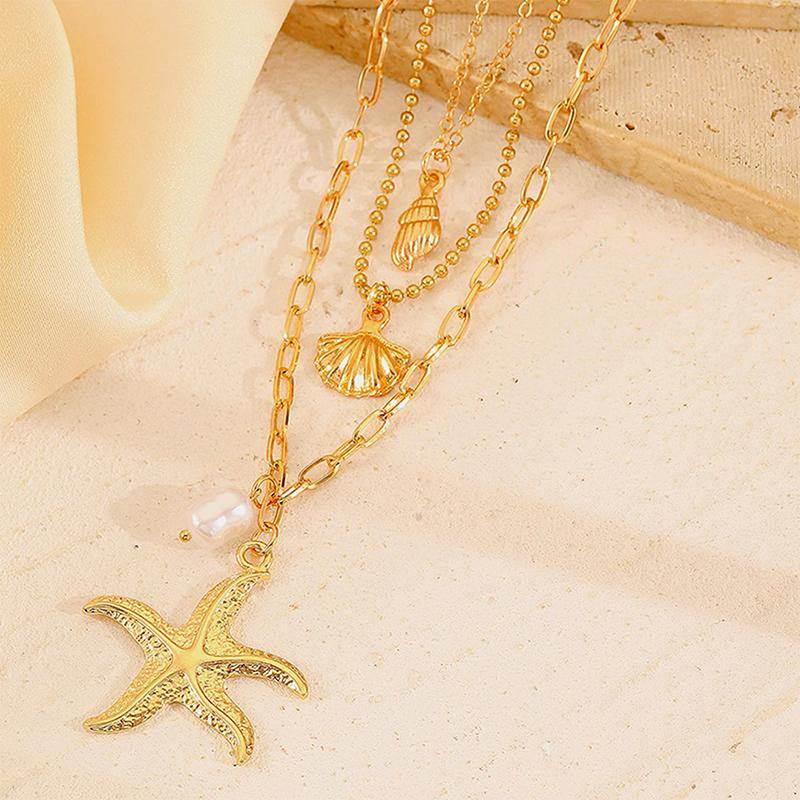 Нержавеющая сталь золотого цвета трехслойная морская звезда ракушки жемчужное ожерелье с подвеской для женщин девочек цепочка на шею ювелирные изделия