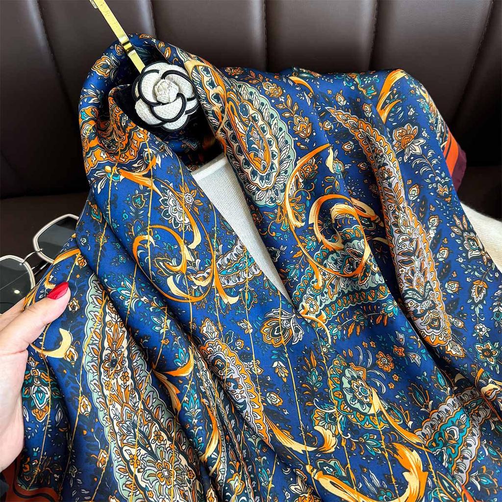 New 90cm Square Scarf Retro Cashew Floral Print Silk Scarfs Women Foulard Headscarf Summer Shawl Hijab Bandana Neck Head Scarf