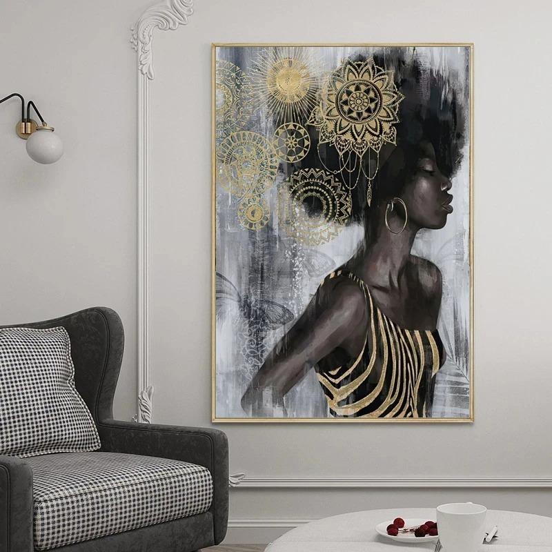 Abstract African Portraits Wall Art Prints Silver Body Art Pictures Art Deco Style Canvas Paintings Black Women Jewelry Poster