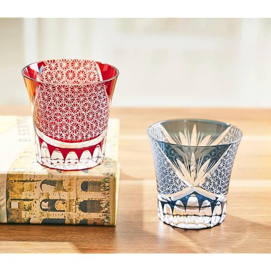 FONYUHUA Kiriko Glass Tumbler Rock Glass, Kikutsunagi Pattern, 260cc, 1 Piece, Blue