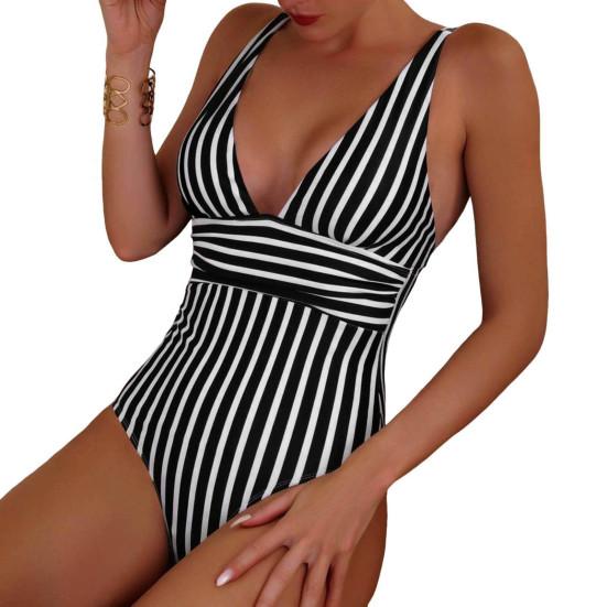 Женский монокини с глубоким V-образным вырезом без рукавов, облегающий слитный купальник-бикини с полосатым принтом и высокой талией, утягивающий живот