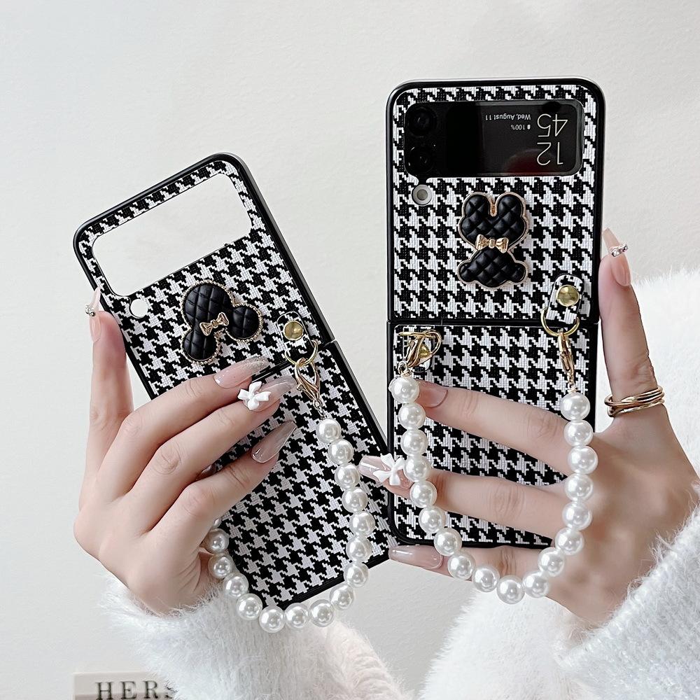 Применимый защитный чехол для складного экрана Samsung Портативная жемчужная цепочка Zflip4 Легкий роскошный чехол для раскладушки Милый медвежонок Девочка