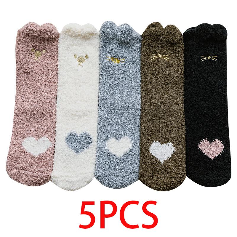 3/5 Pairs Winter Women Warm Socks Fluffy Plush Sleep Soft Cozy Girls Cute Cartoon Floor Socks