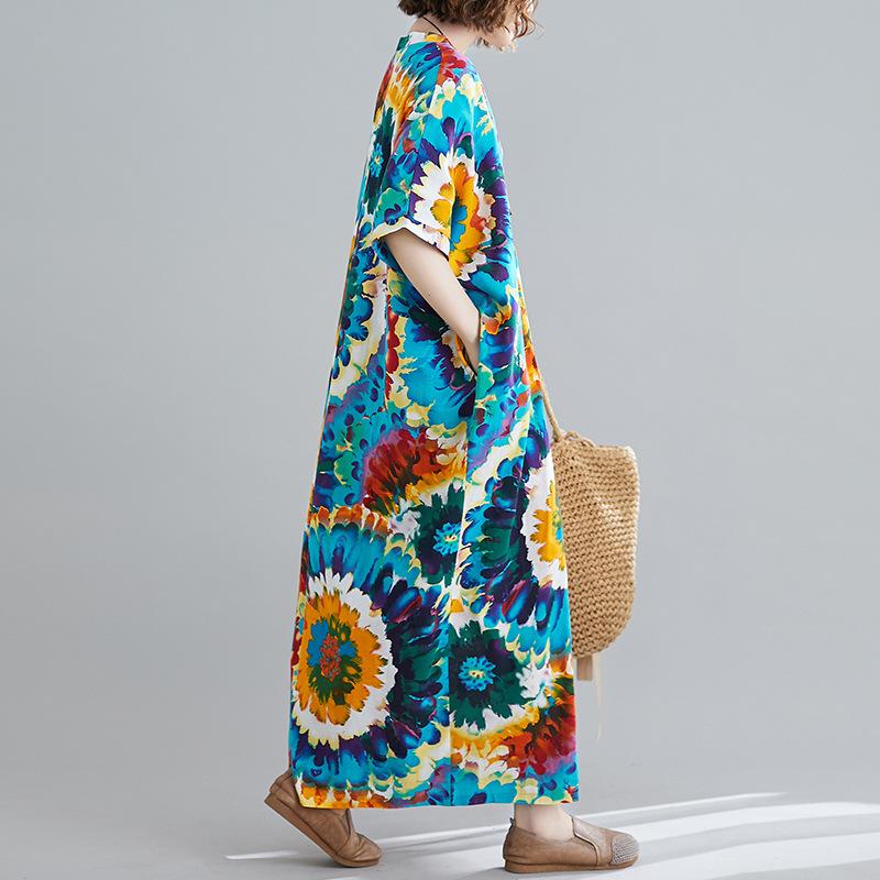 Летнее женское пляжное платье больших размеров из хлопка и льна с принтом и V-образным вырезом, свободное, простое, в стиле отпуска, длинное платье