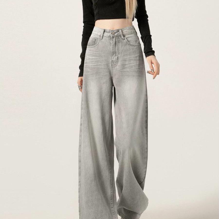 Women's Plus Size Light Gray Wide-Leg High Waist Jeans - Slimming, Loose Fit for Spring & Autumn