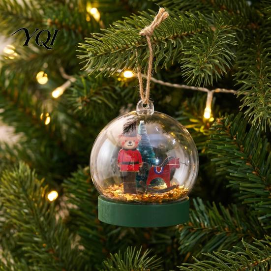 Transparent Spherical Hanging Ornaments Crystal Ball Style Bear/Nutcracker Christmas Tree Ornament, Miniature Retro Holiday Scenes Pendant with