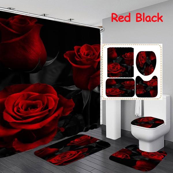4 Styles Red Rose Shower Curtain Bathroom Set Valentine's Day Series Pattern Waterproof Bathroom Mats Rugs Carpets Toilet Lid Cover Set