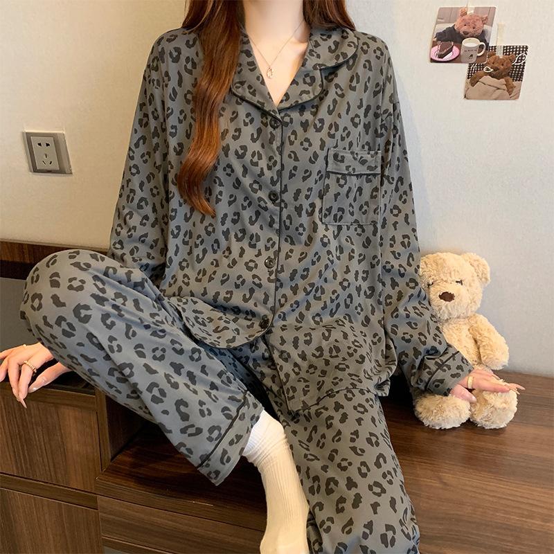 Grey Leopard Print Pajamas Women'S Spring New Simple Imitation Cotton Long-Sleeved Cardigan Homewear Set