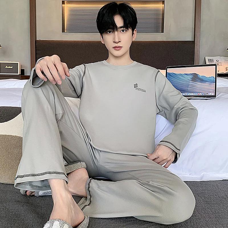 Мужской пижамный комплект Весна Хлопок Повседневная пижама Минималистский стиль Длинная домашняя одежда для отдыха Модная ночная одежда для мальчиков