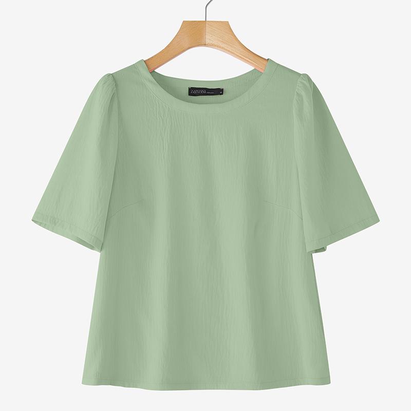 ZANZEA Женские повседневные футболки с круглым вырезом, однотонные, с коротким рукавом