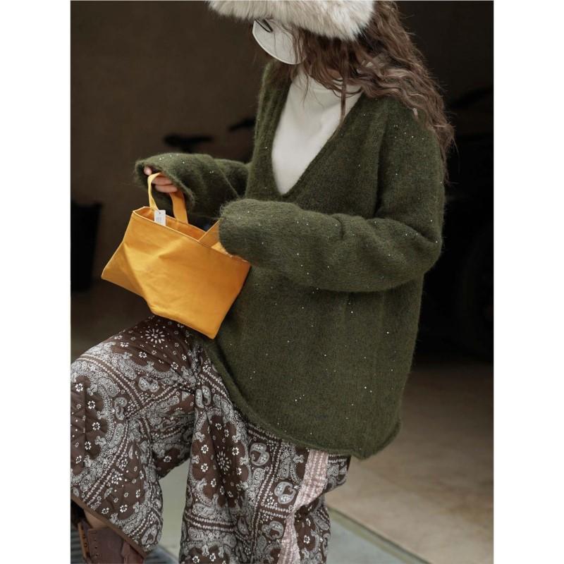 Johnature Зимний корейский стиль V-образный вырез вязаный свитер свободный повседневный пуловер простой зеленый женский свитер