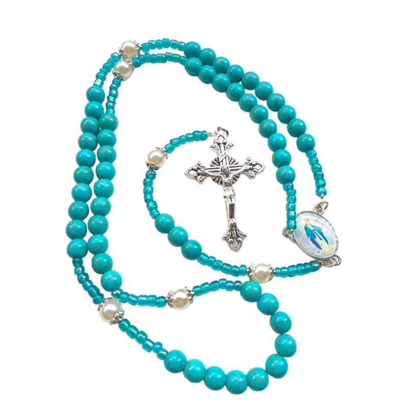 Catholic Blue Turquoise Beads Rosary Chain Necklace with Metal Crucifix Pendant Religious Jewelry Gift for Men and Women